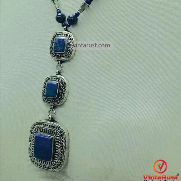 Beaded Chain Necklace with Triple Blue Square Pendants, Lapis Lazuli Stone - Picture 12 of 16